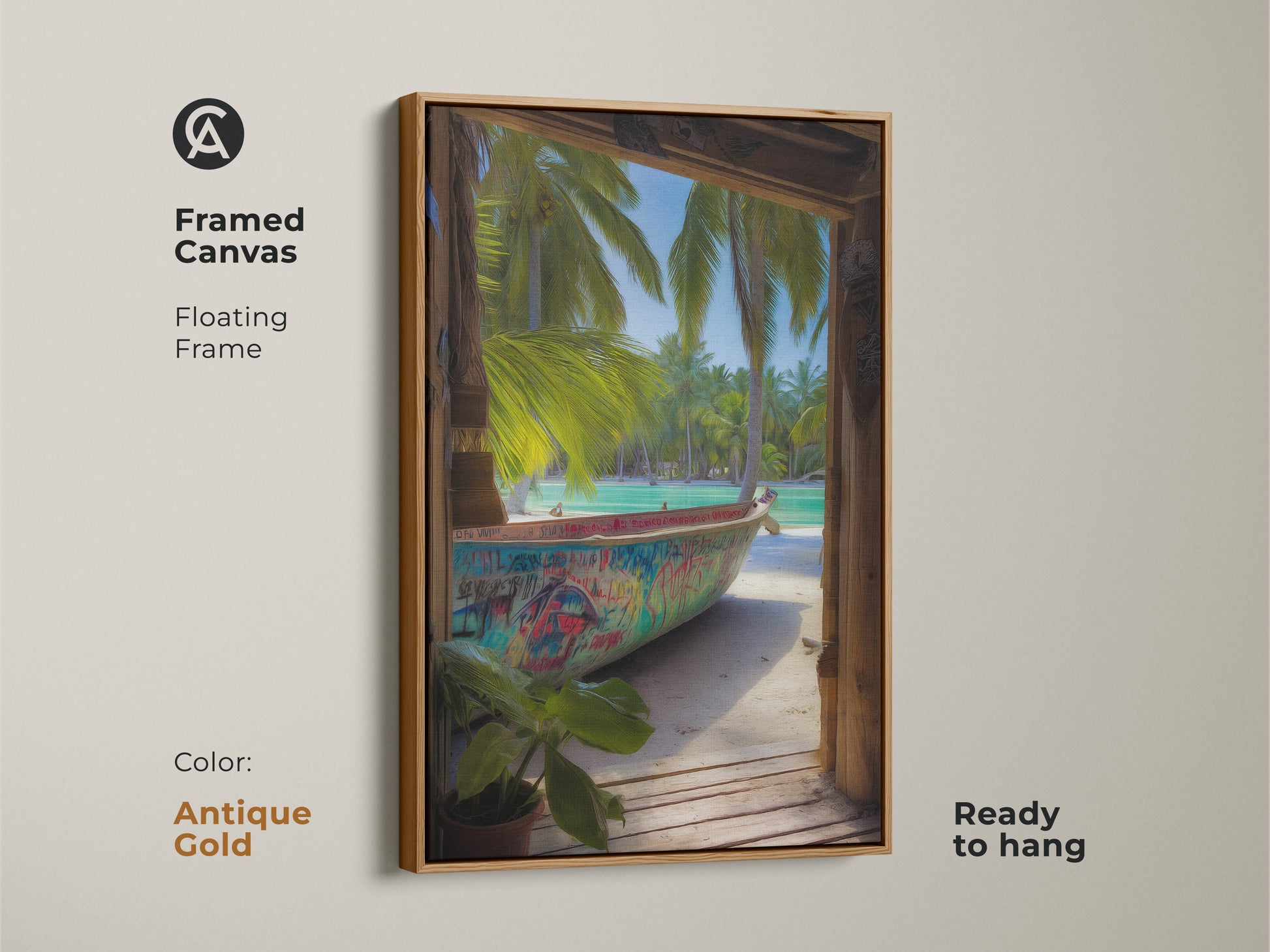 A framed canvas in antique gold features vibrant tropical art with a graffiti boat. Aqua and turquoise colors create a boho vibe. Add travel-inspired artwork to your home.