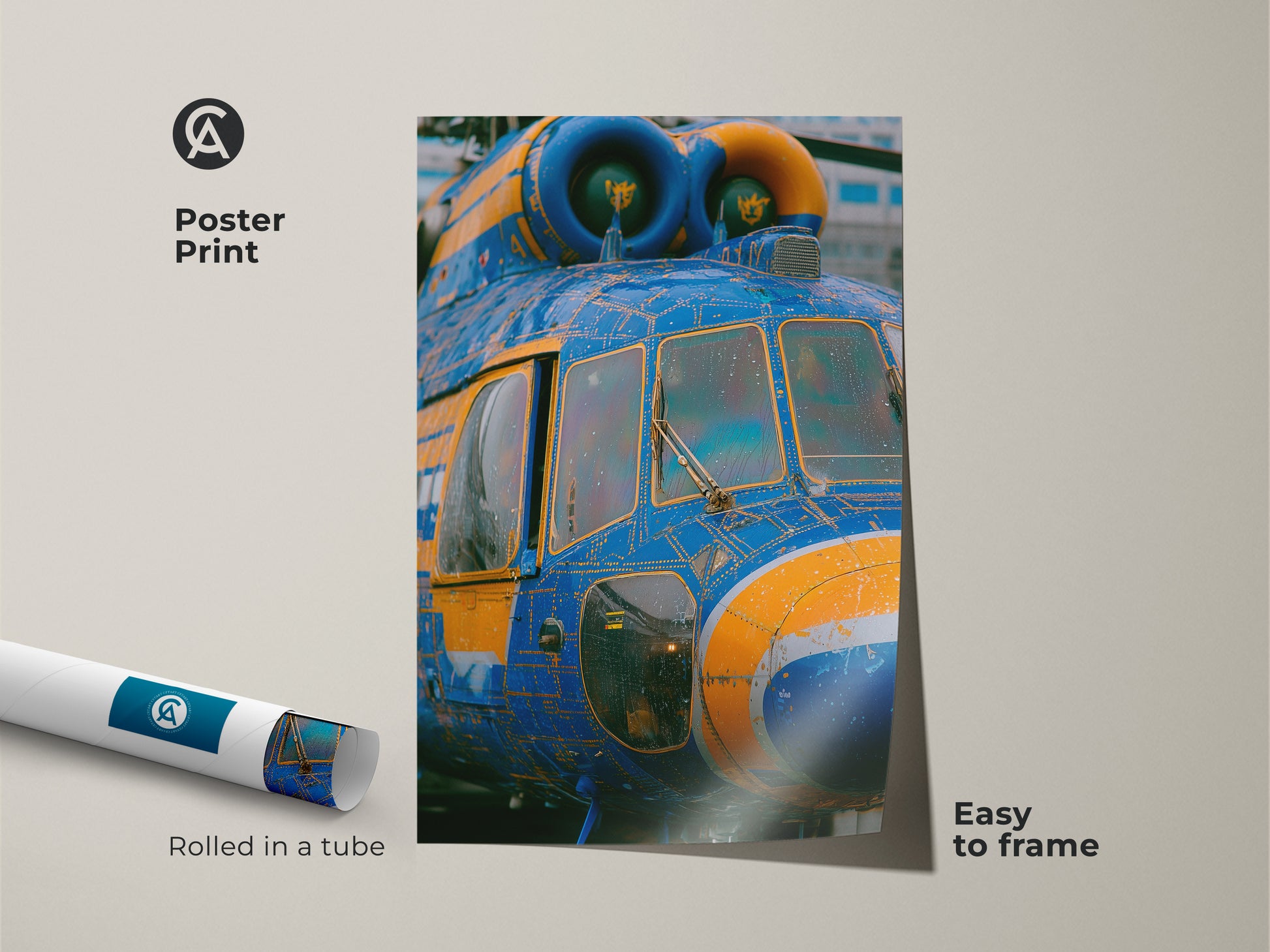 Poster print of a blue and yellow helicopter. The artwork is rolled in a tube for easy shipping. It is easy to frame this museum-quality paper print. This unique helicopter art is a great gift.