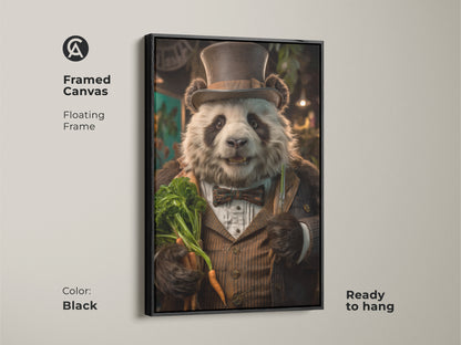 Framed canvas features dapper panda artwork with a black floating frame. The rustic wildlife print is ready to hang. Its warm ochre and golden brown tones make it a charming animal art piece.