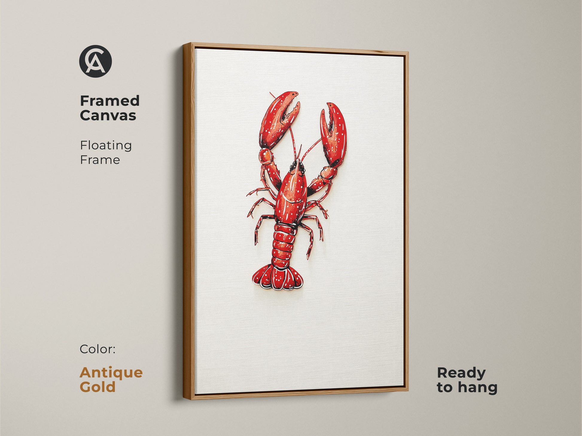 Framed Canvas Red Lobster Artwork in Antique Gold Floating Frame. Ready to hang. This coastal kitchen wall art is vibrant. This seafood lover gift print is unique. Nautical home decor art with crimson animal artwork.