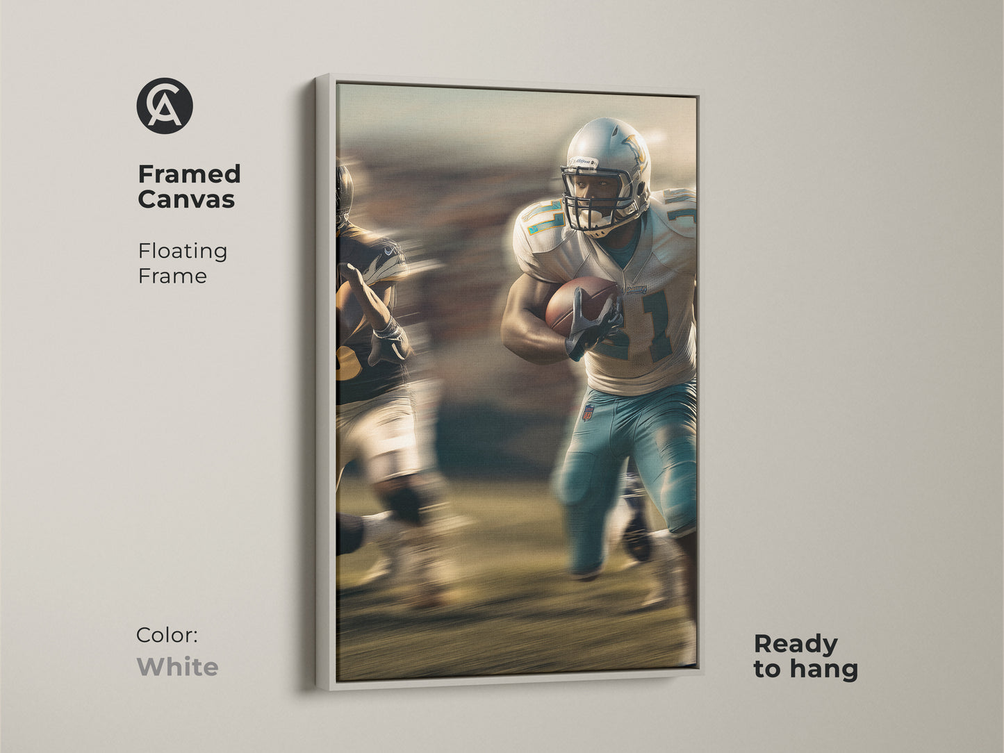 Brighten your walls with this framed canvas featuring a dynamic football player. This modern athletic decor comes with a clean white floating frame. The blue and teal artwork captures the energy of the game. Ready to hang it adds a contemporary touch to any space. This is an ideal gift for sports enthusiasts.