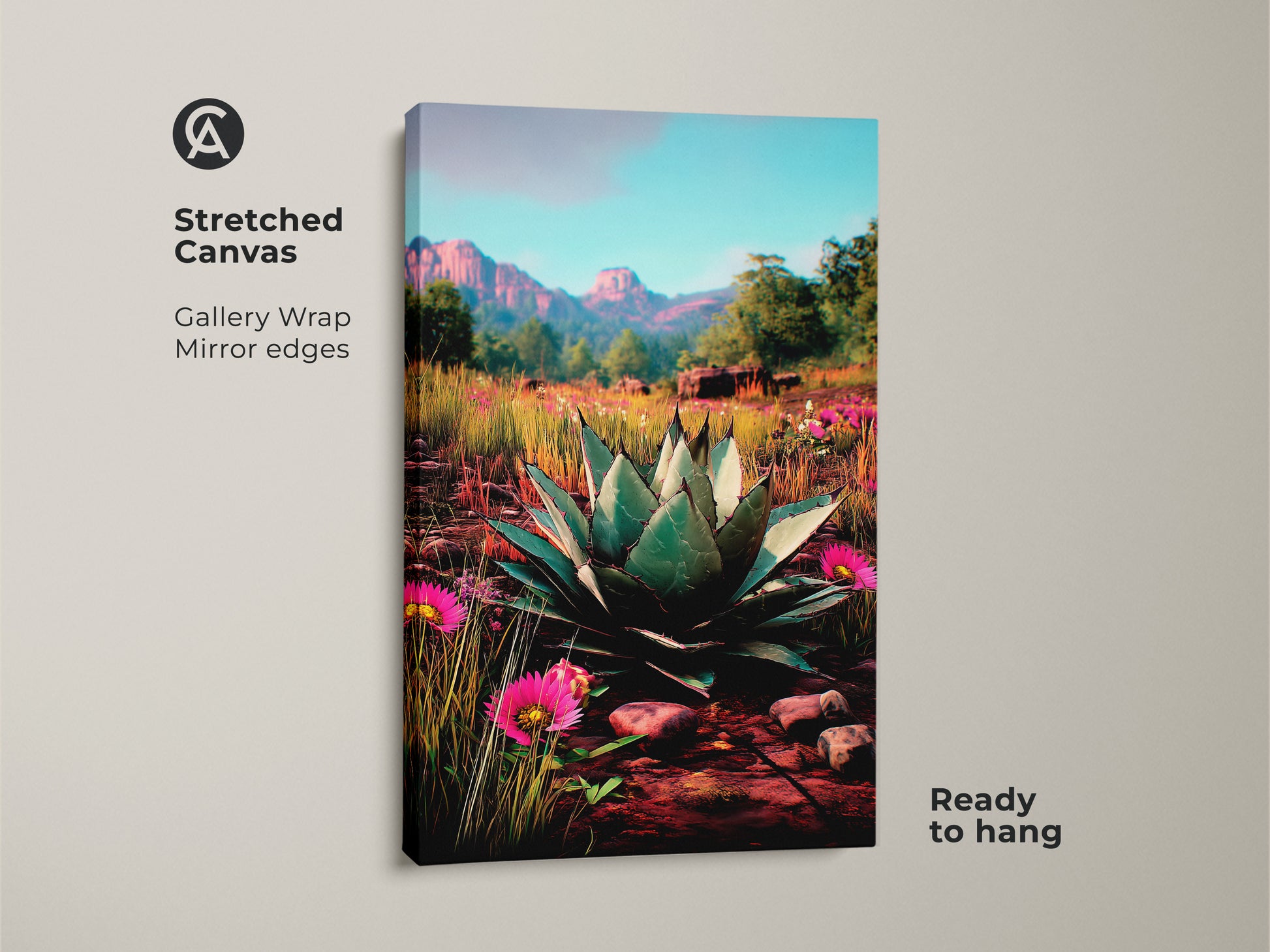 Stretched canvas art displays a southwestern desert scene. It is Ready to hang featuring an agave plant and pink flowers. The gallery wrap has mirrored edges. Perfect housewarming gift for lovers of botanical wall art. This showcases the beauty of desert botanical art.