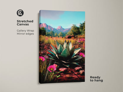Stretched canvas art displays a southwestern desert scene. It is Ready to hang featuring an agave plant and pink flowers. The gallery wrap has mirrored edges. Perfect housewarming gift for lovers of botanical wall art. This showcases the beauty of desert botanical art.