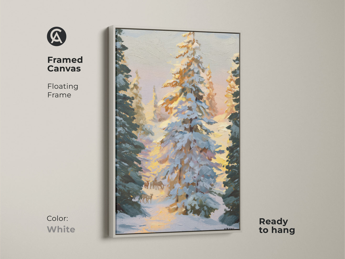 Framed canvas art of an impressionist deer in a snowy forest landscape. White floating frame enhances the rustic nature of this home decor. Cozy bedroom accent art for nature lovers.
