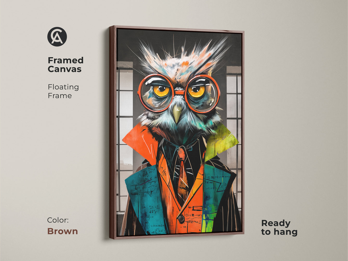 Framed canvas showcasing the surreal owl professor. The floating frame comes in brown to match your decor. This vibrant study room decor is ready to hang. The animal art with glasses serves as unique professor gift.