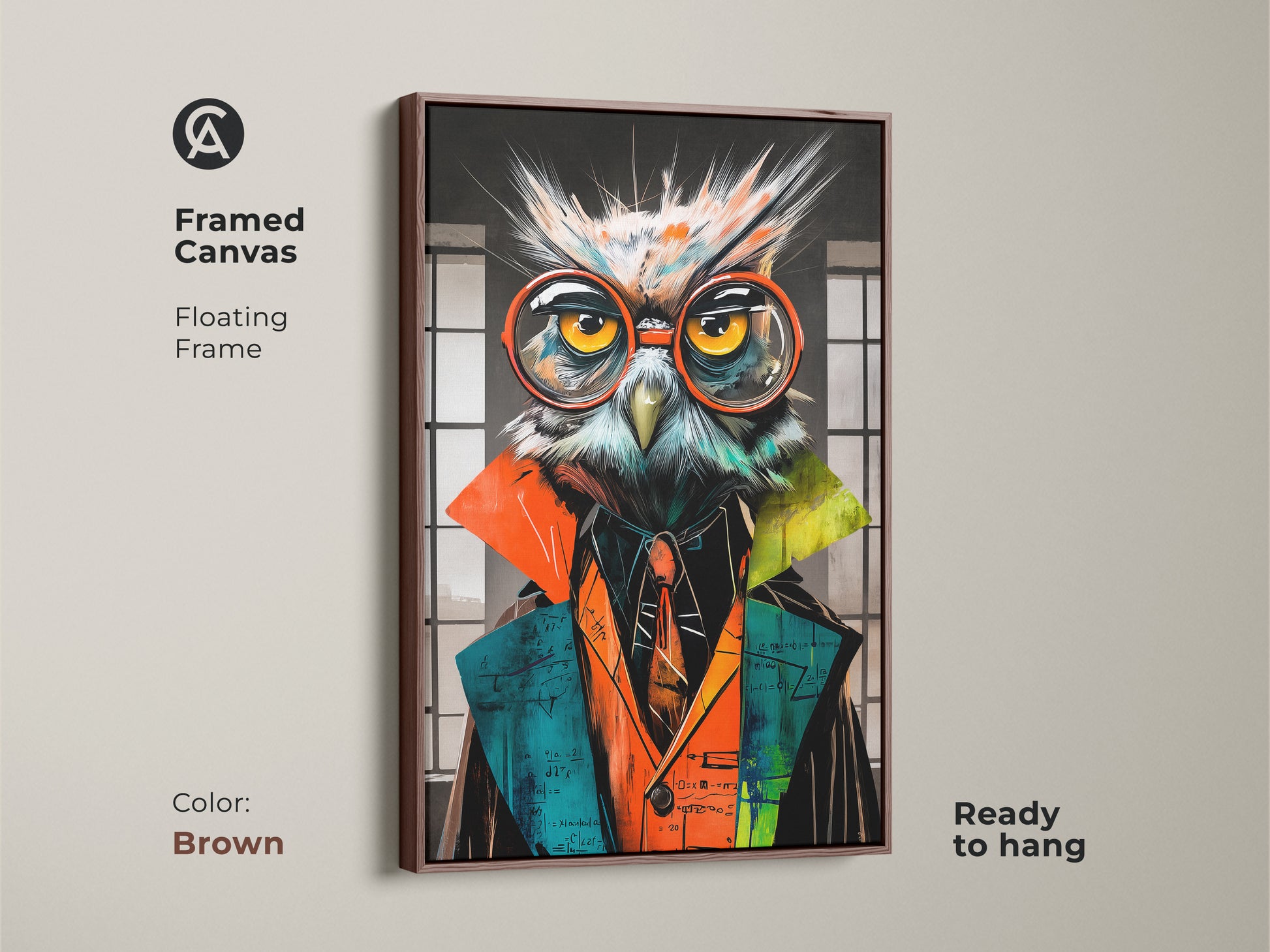 Framed canvas showcasing the surreal owl professor. The floating frame comes in brown to match your decor. This vibrant study room decor is ready to hang. The animal art with glasses serves as unique professor gift.