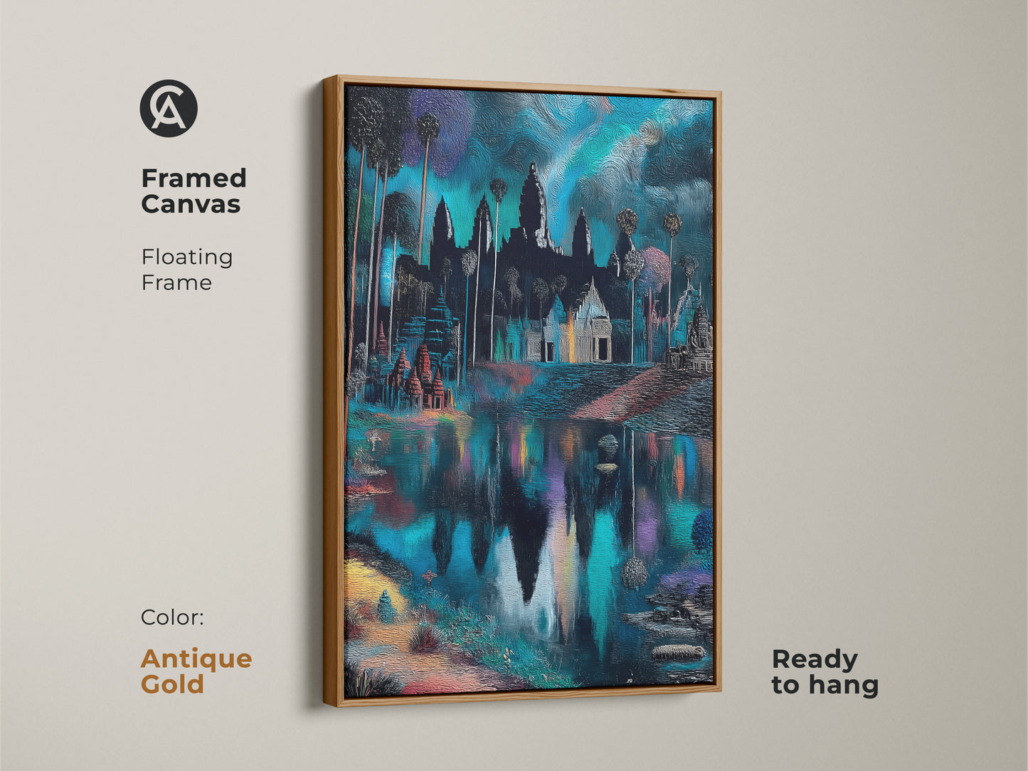 Angkor Wat framed canvas with antique gold floating frame. Ready to hang and adds an elegant touch. Deep blue and teal art brings serenity. Eclectic travel decor for your living room. This fantasy pagoda wall art makes a statement. A housewarming gift.