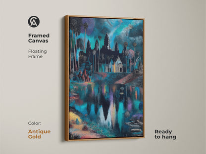Angkor Wat framed canvas with antique gold floating frame. Ready to hang and adds an elegant touch. Deep blue and teal art brings serenity. Eclectic travel decor for your living room. This fantasy pagoda wall art makes a statement. A housewarming gift.