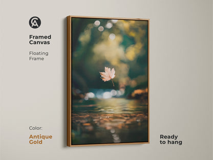 Elevate your space with this framed canvas artwork in antique gold. The floating frame enhances the beauty of this autumn leaf scene. Ready to hang this piece brings a touch of nature indoors. Get this framed fine art to elevate your decor.