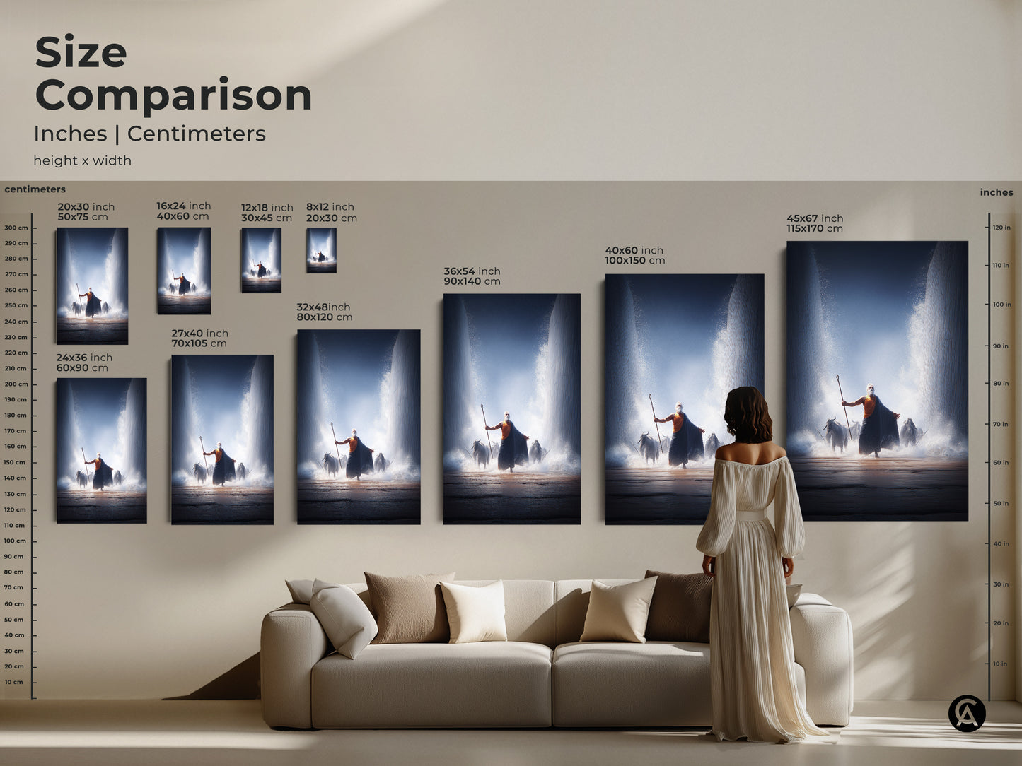Size comparison of Moses parting the Red Sea art. See how different sizes fit above a sofa. Options range from small to large. Available as canvas or poster prints. Visualize the perfect fit for your space. The biblical artwork adds a spiritual touch to any room. A unique gift for faith collectors.
