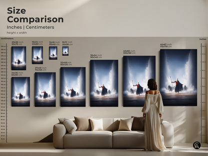 Size comparison of Moses parting the Red Sea art. See how different sizes fit above a sofa. Options range from small to large. Available as canvas or poster prints. Visualize the perfect fit for your space. The biblical artwork adds a spiritual touch to any room. A unique gift for faith collectors.