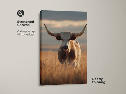 Stretched canvas print of a longhorn cattle in a goldenrod field. This gallery-wrapped farmhouse artwork has mirrored edges and comes ready to hang. Perfect rustic wildlife art for your dining room wall.