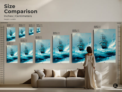 A size comparison of nautical tall ship artwork shows the canvas art and poster prints. Sizes range from small to large allowing you to find the perfect fit. Ideal for adding a maritime touch above any sofa.