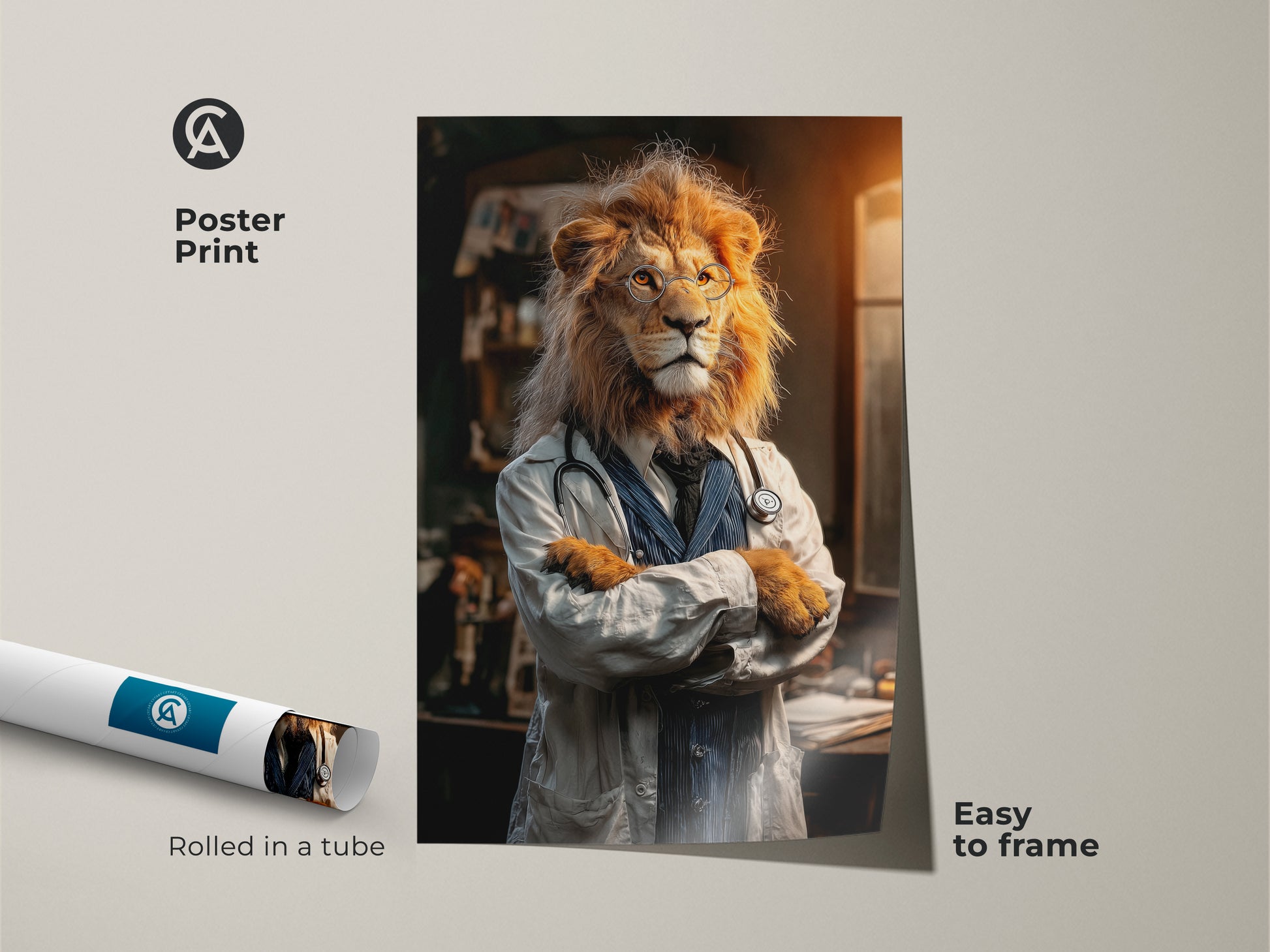 Poster print of a lion doctor. This eclectic animal art is easy to frame. Rolled in a tube for protection this gold and orange artwork makes a great doctor gift. It's perfect surrealism wall decor for an office or study.
