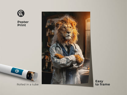 Poster print of a lion doctor. This eclectic animal art is easy to frame. Rolled in a tube for protection this gold and orange artwork makes a great doctor gift. It's perfect surrealism wall decor for an office or study.