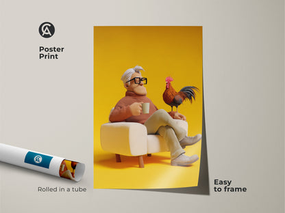 Poster print of a man with a rooster. This easy-to-frame artwork is rolled in a tube. The eclectic character art is ideal for study room wall decor. This 3D render art print brings personality to any room. A unique gift for bird lovers. Add a touch of whimsy to your den decor with this print.