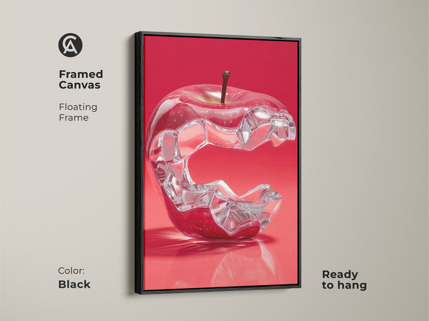 Framed Canvas of a crystal apple wall art. The floating frame is black and the artwork is ready to hang. This contemporary food art print makes a unique foodie gift idea for any art collector.