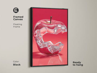 Framed Canvas of a crystal apple wall art. The floating frame is black and the artwork is ready to hang. This contemporary food art print makes a unique foodie gift idea for any art collector.