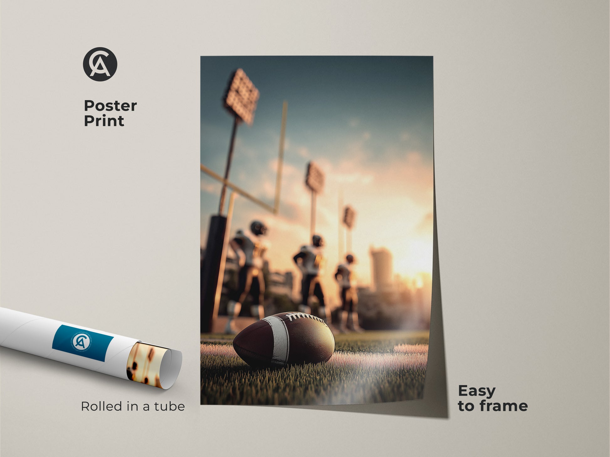 Poster print of American Football art. Easy to frame and display. Rolled in a tube for protection. The artwork features a football on the field during the golden hour. Ideal for a man cave or sports bar decor. Makes a thoughtful gift for any football enthusiast.