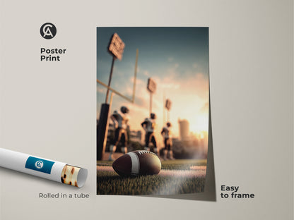 Poster print of American Football art. Easy to frame and display. Rolled in a tube for protection. The artwork features a football on the field during the golden hour. Ideal for a man cave or sports bar decor. Makes a thoughtful gift for any football enthusiast.