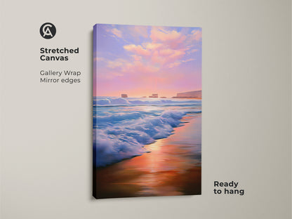 Stretched canvas print features a pink purple beach scene. Impressionist ocean artwork with gallery wrapped edges offers a ready to hang calming coastal landscape decor. Ideal housewarming gift for seaside art enthusiasts.
