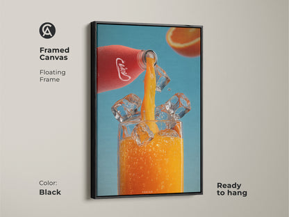 Framed canvas art of contemporary orange juice artwork. A black floating frame enhances this kitchen wall art. Ready to hang beverage print with ice cubes and a red bottle. Ideal for modern dining room decor or a unique housewarming present.