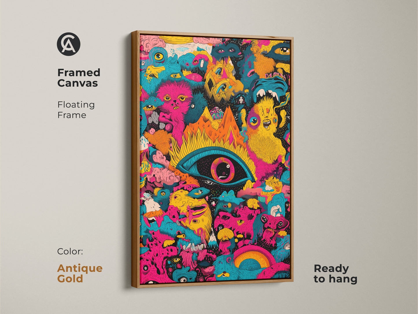 Antique gold framed canvas print of psychedelic monster art. The artwork features a central eye and bizarre creatures. Ready to hang this floating frame adds a touch of elegance to any room. A bold statement piece for art enthusiasts.