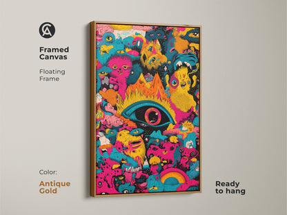 Antique gold framed canvas print of psychedelic monster art. The artwork features a central eye and bizarre creatures. Ready to hang this floating frame adds a touch of elegance to any room. A bold statement piece for art enthusiasts.