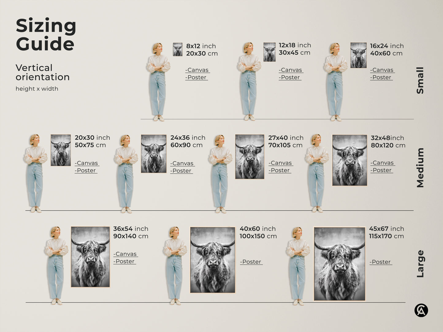 Sizing guide for monochrome Highland Cow canvas and poster art. Vertical orientation heights vary. Select from small medium and large sizes. Find the perfect fit for your farmhouse decor. This rustic art enhances any room.