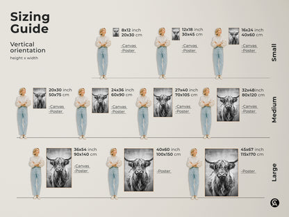 Sizing guide for monochrome Highland Cow canvas and poster art. Vertical orientation heights vary. Select from small medium and large sizes. Find the perfect fit for your farmhouse decor. This rustic art enhances any room.