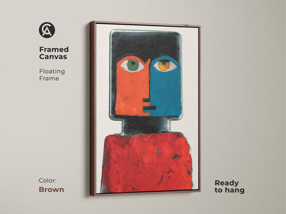 Framed Canvas in Brown color featuring a Contemporary Abstract Face Portrait artwork. Floating frame. The red and blue figurative art adds eclectic charm to eclectic wall decor. Ready to hang.
