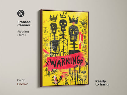 Framed Canvas with Floating Brown Frame of a yellow skull wall art. This black crown canvas print is ready to hang. It is a graffiti skeleton art with abstract neo-expressionism. It will make an excellent eclectic home decor art.