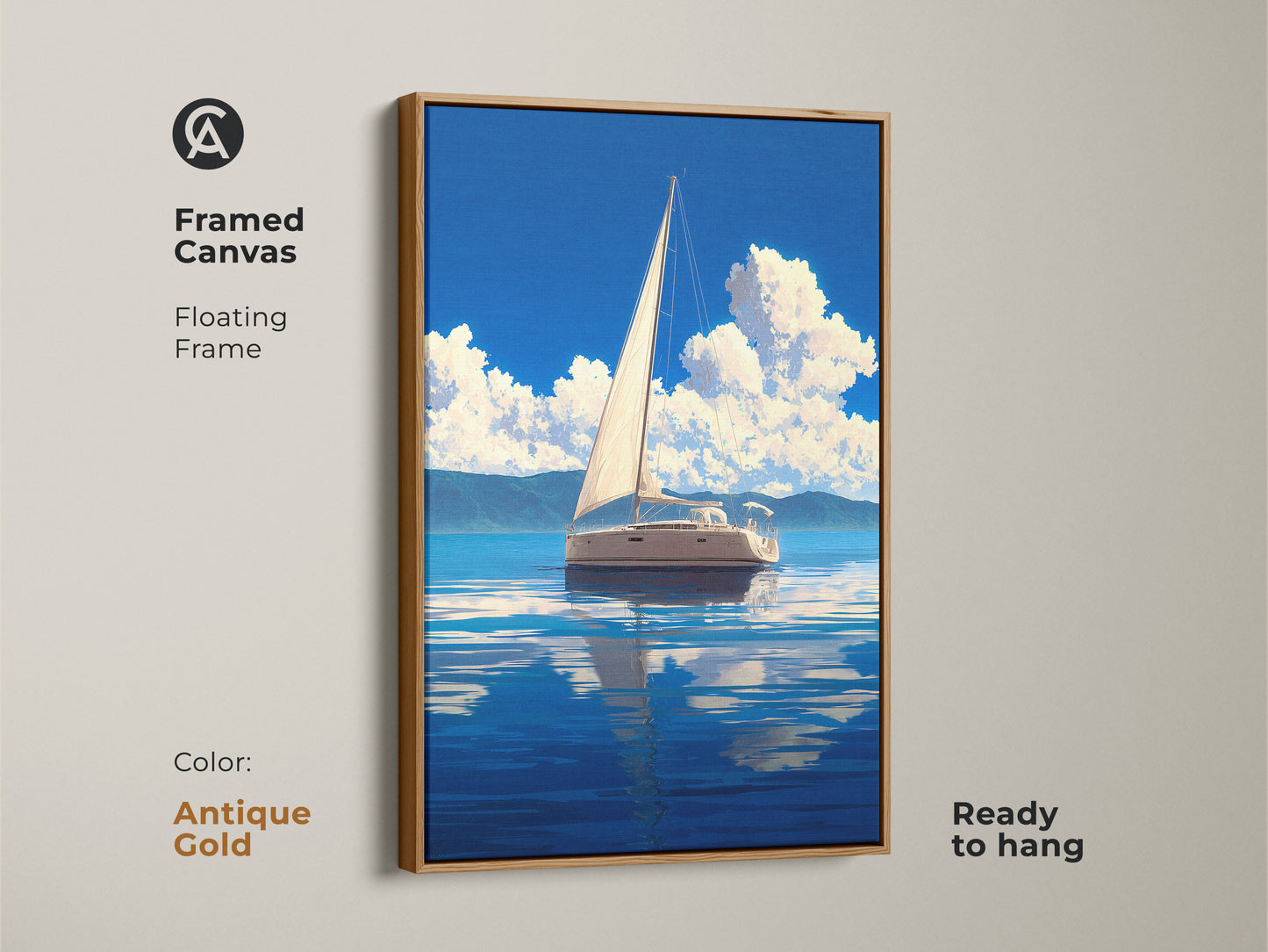 Framed canvas print of coastal sailboat artwork with an antique gold floating frame. This nautical wall decor features a sailing boat on a blue ocean. The landscape artwork adds a touch of sophistication to your home. Perfect for boat enthusiasts. Ready to hang and enjoy.