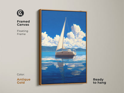 Framed canvas print of coastal sailboat artwork with an antique gold floating frame. This nautical wall decor features a sailing boat on a blue ocean. The landscape artwork adds a touch of sophistication to your home. Perfect for boat enthusiasts. Ready to hang and enjoy.