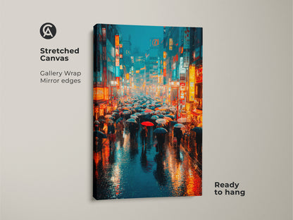 Stretched canvas art featuring a neon-lit Japanese street in a cyberpunk style. This gallery-wrapped print showcases a rainy urban scene. The artwork is ready to hang creating a vibrant and atmospheric touch to any contemporary room.