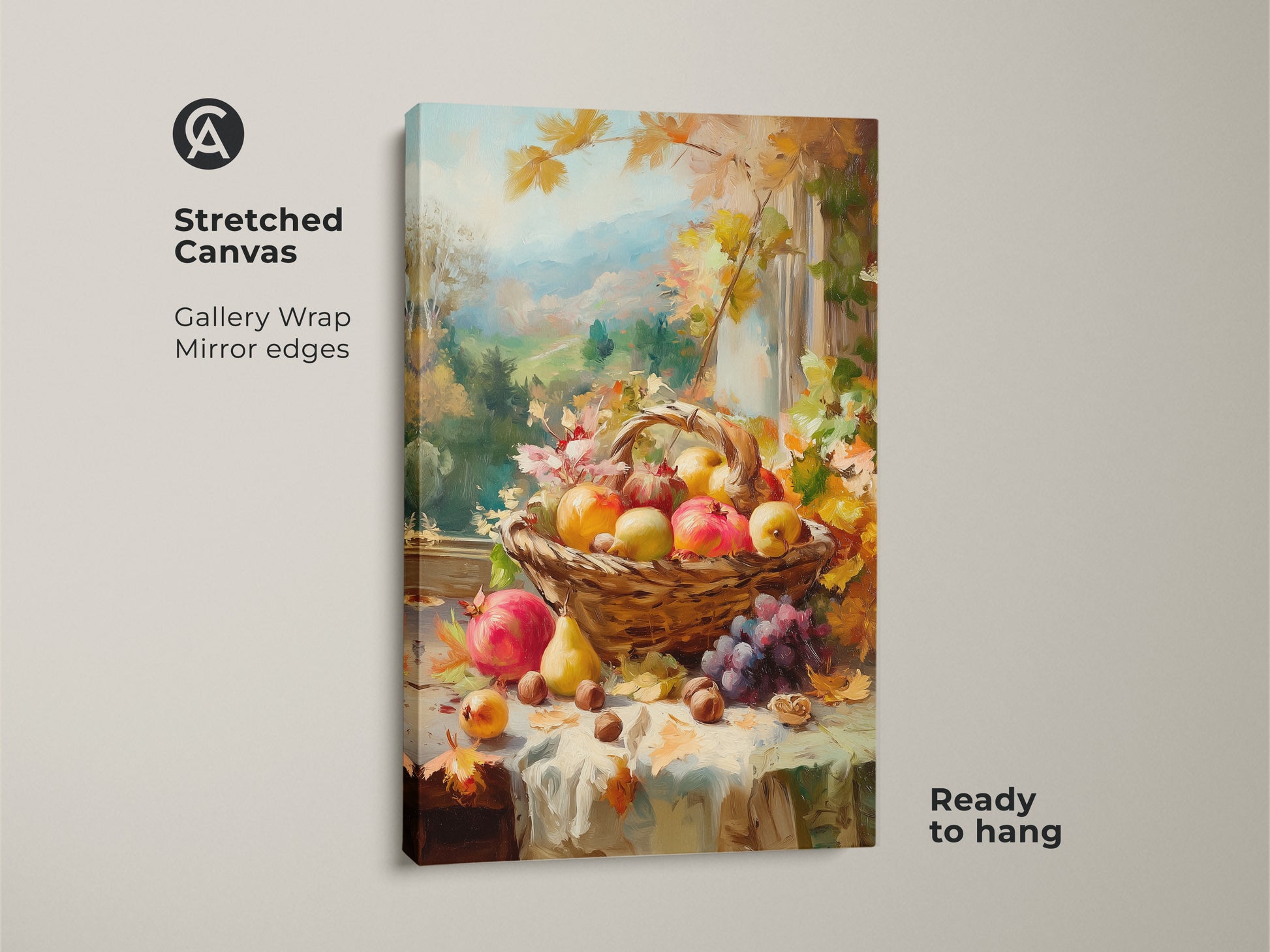 Stretched canvas gallery wrap art print featuring a fruit basket still life. The vivid oil painting includes apples pears grapes pomegranates & nuts. Ready to hang with mirrored edges. Ideal autumn harvest wall decor.