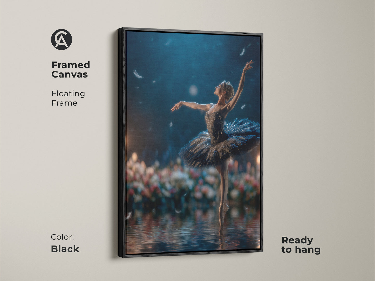Framed canvas artwork in a black floating frame. The ballerina artwork adds elegance to any room. Ready to hang this piece is a stylish addition. The black frame enhances the artwork's beauty. Perfect for modern interiors and art enthusiasts.