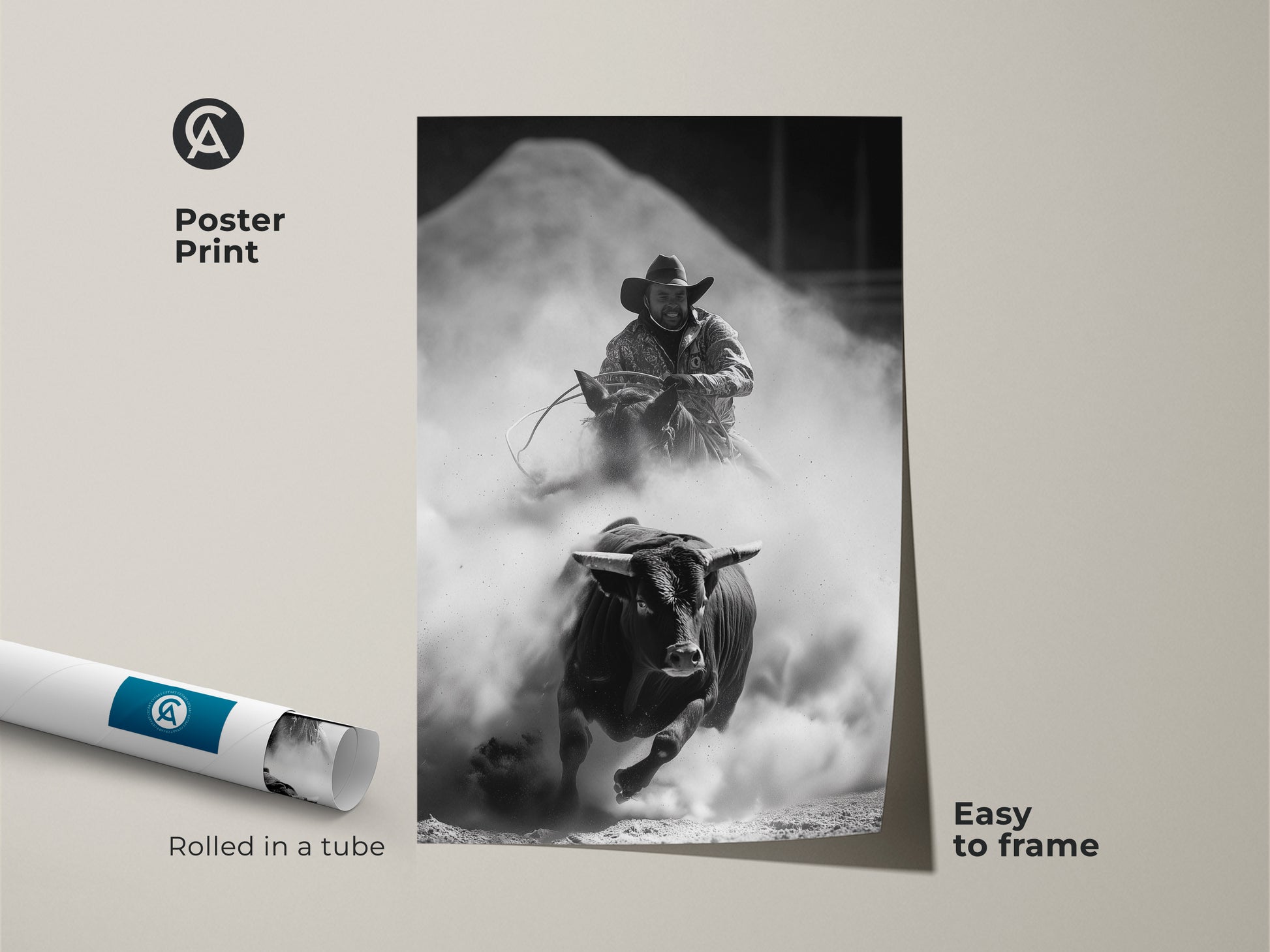 Poster Print of a Monochrome Rodeo scene. This artwork features a bull rider and charging bull. The Western wall art decor is easy to frame and adds rustic charm. This black and white rodeo art is perfect for any space. It is rolled in a tube for safe shipping.