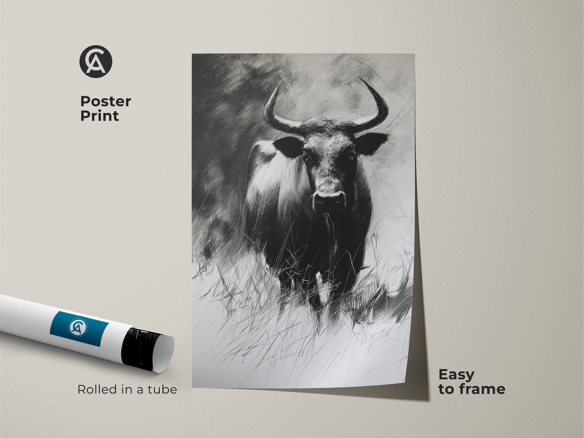Easy to frame buffalo poster print rolled in a tube. This monochrome animal sketch offers rustic wildlife decor. Perfect for a farmhouse or nature-inspired home. An ideal gift for animal art lovers.