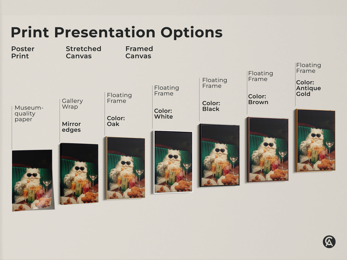 Various print presentation options are available. Choose from poster prints or stretched canvas. Framed canvas in black brown antique gold oak and white are available. Find the perfect art for your home.