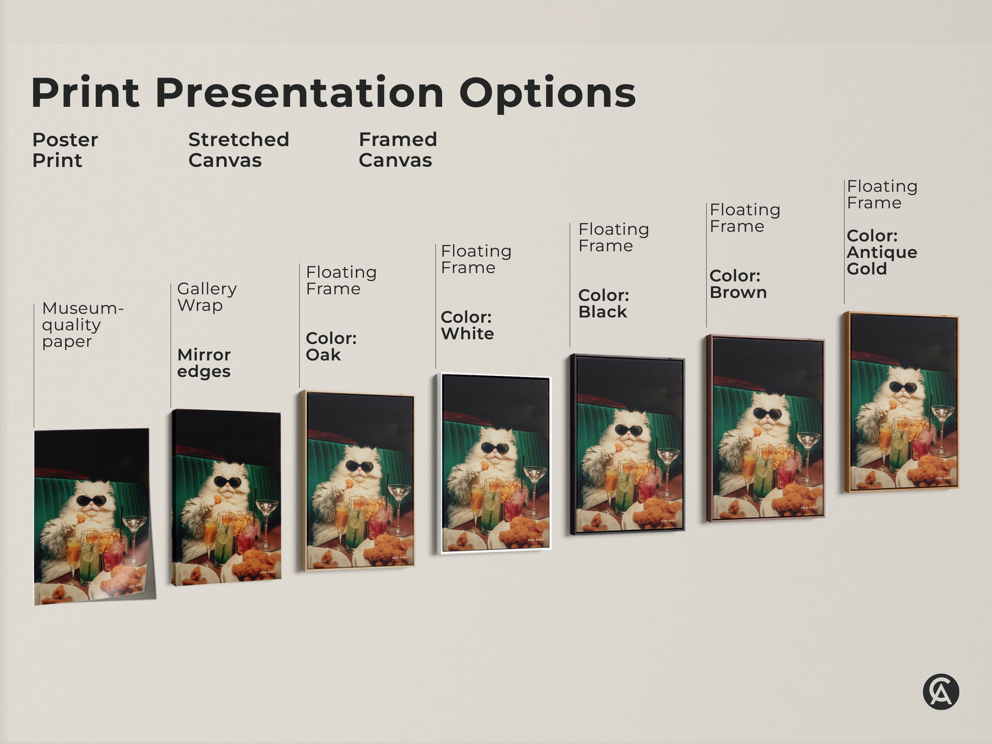 Various print presentation options are available. Choose from poster prints or stretched canvas. Framed canvas in black brown antique gold oak and white are available. Find the perfect art for your home.