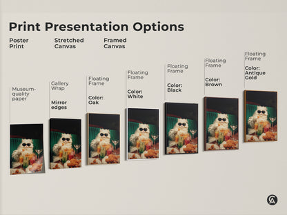Various print presentation options are available. Choose from poster prints or stretched canvas. Framed canvas in black brown antique gold oak and white are available. Find the perfect art for your home.