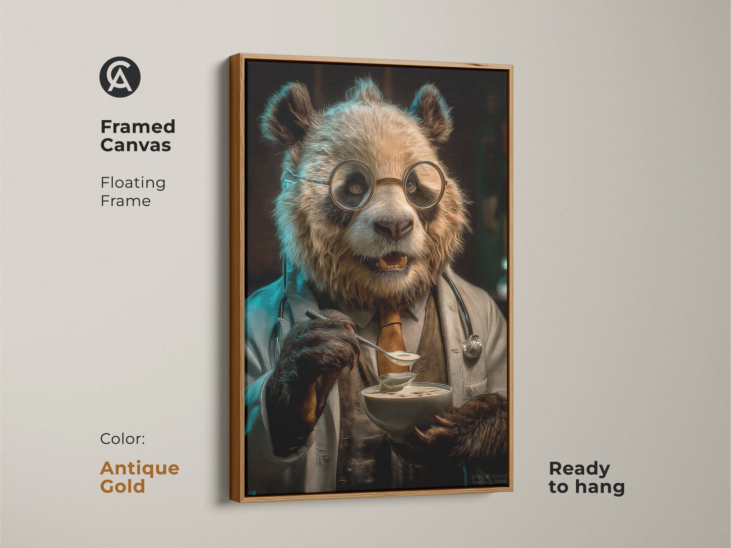 Framed antique gold canvas of panda doctor art. This animal character art makes perfect professional office artwork. Ready to hang this whimsical office decor features a panda in a doctor's coat enjoying soup. Veterinarian gift wall art.