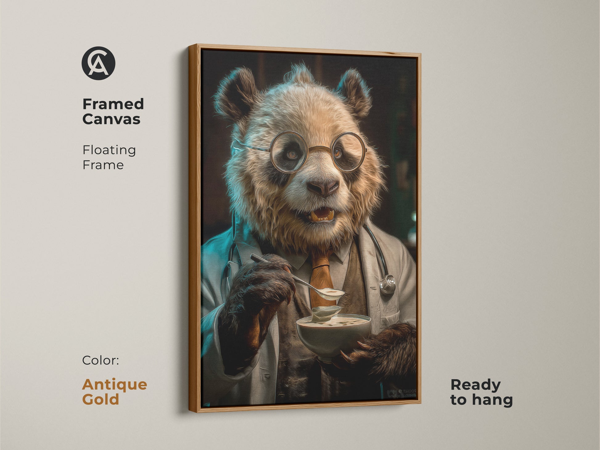 Framed antique gold canvas of panda doctor art. This animal character art makes perfect professional office artwork. Ready to hang this whimsical office decor features a panda in a doctor's coat enjoying soup. Veterinarian gift wall art.