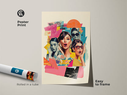 Retro pop art collage poster print rolled in a tube. The eclectic women fashion artwork is easy to frame. It features pink yellow and blue hues. Ideal for a unique collage artwork gift.