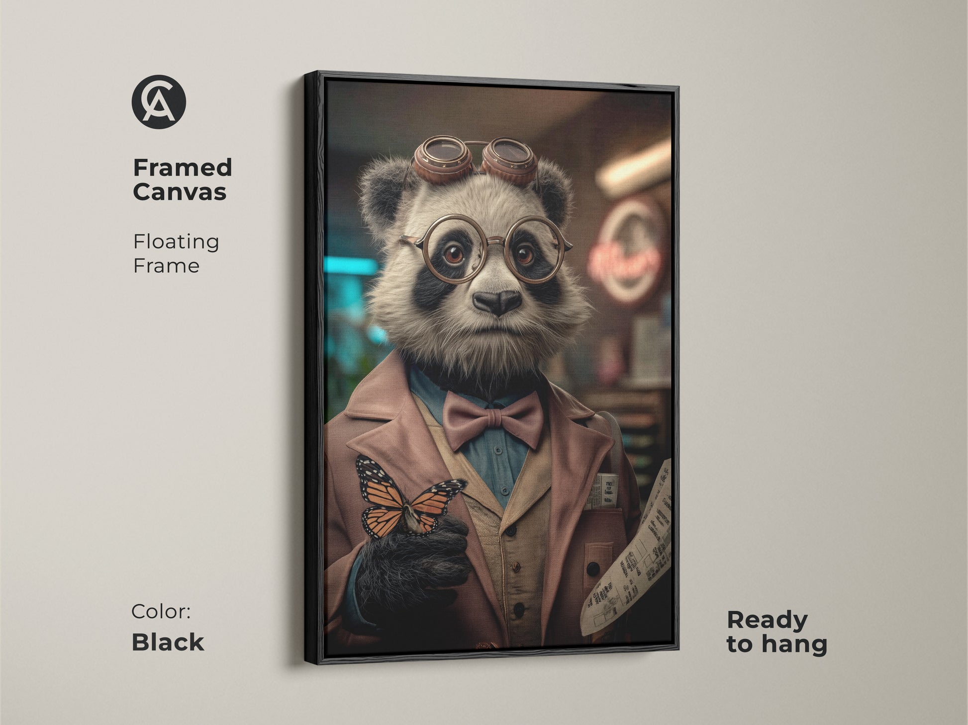 Framed canvas featuring Steampunk Panda surreal artwork with a floating brown frame. The animal wall art is perfect for eclectic decor. The rich color palette adds depth. This ready-to-hang panda butterfly canvas enhances any space.