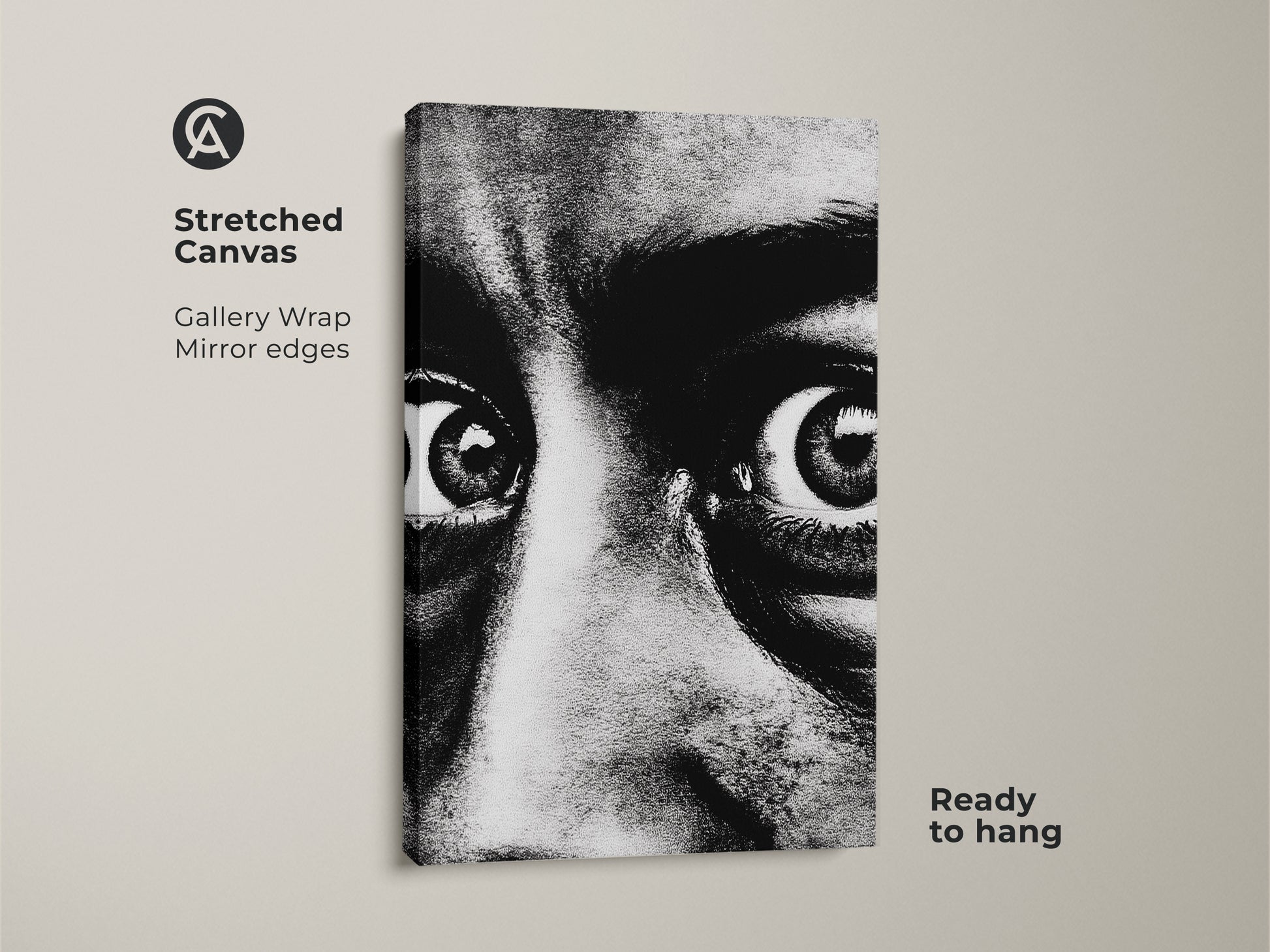 Stretched canvas print of an intense black and white face portrait. This monochrome eyes wall art features gallery wrap mirror edges. Ready to hang this contemporary portrait print brings expressive eyes artwork to your living room. Modern monochrome decor for dramatic home ambiance.