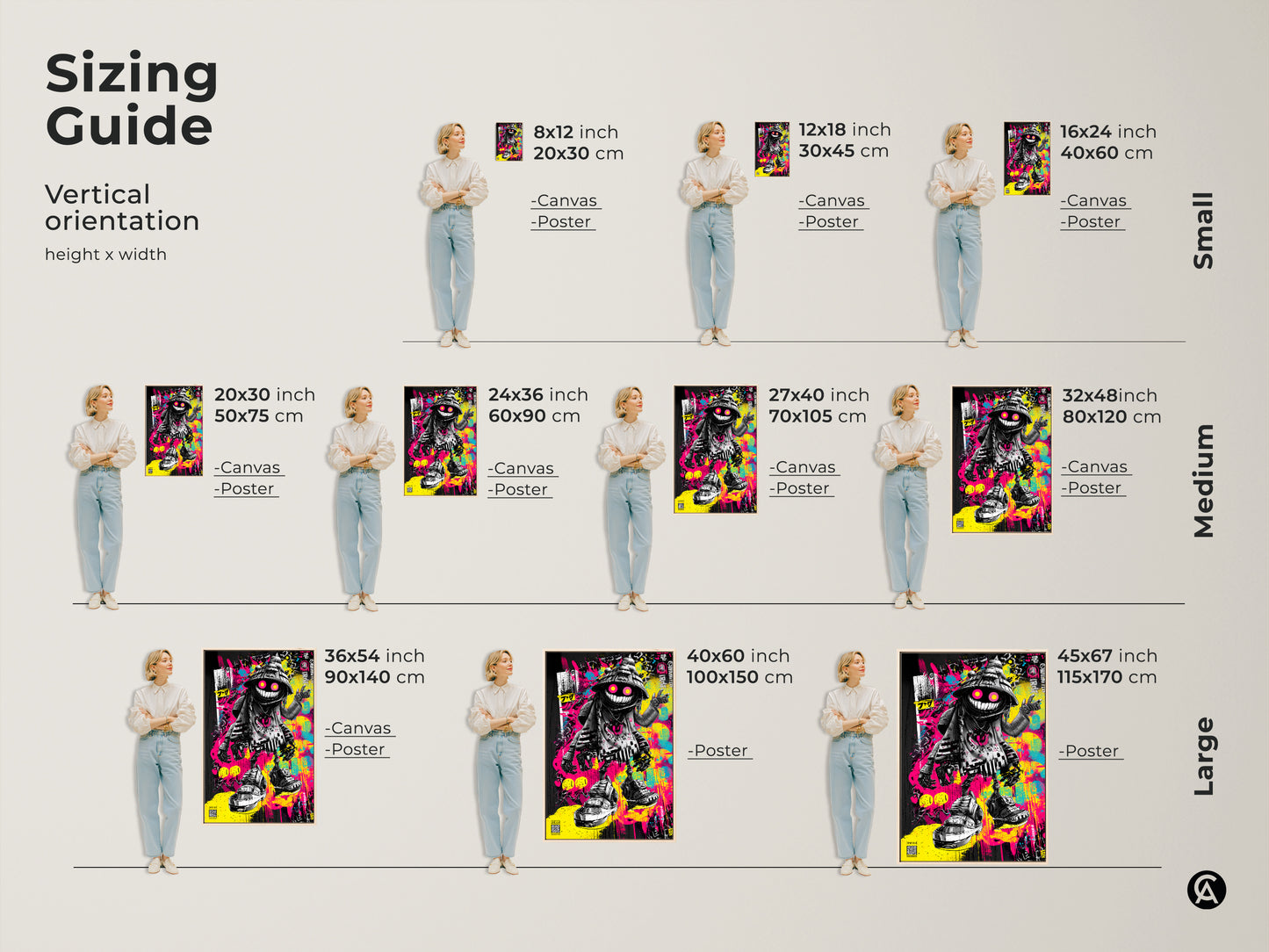 Sizing guide for graffiti art prints. Choose from small medium and large vertical orientations. Find the perfect size for your space. Available as canvas or poster prints. Discover how this artwork can transform your home decor.