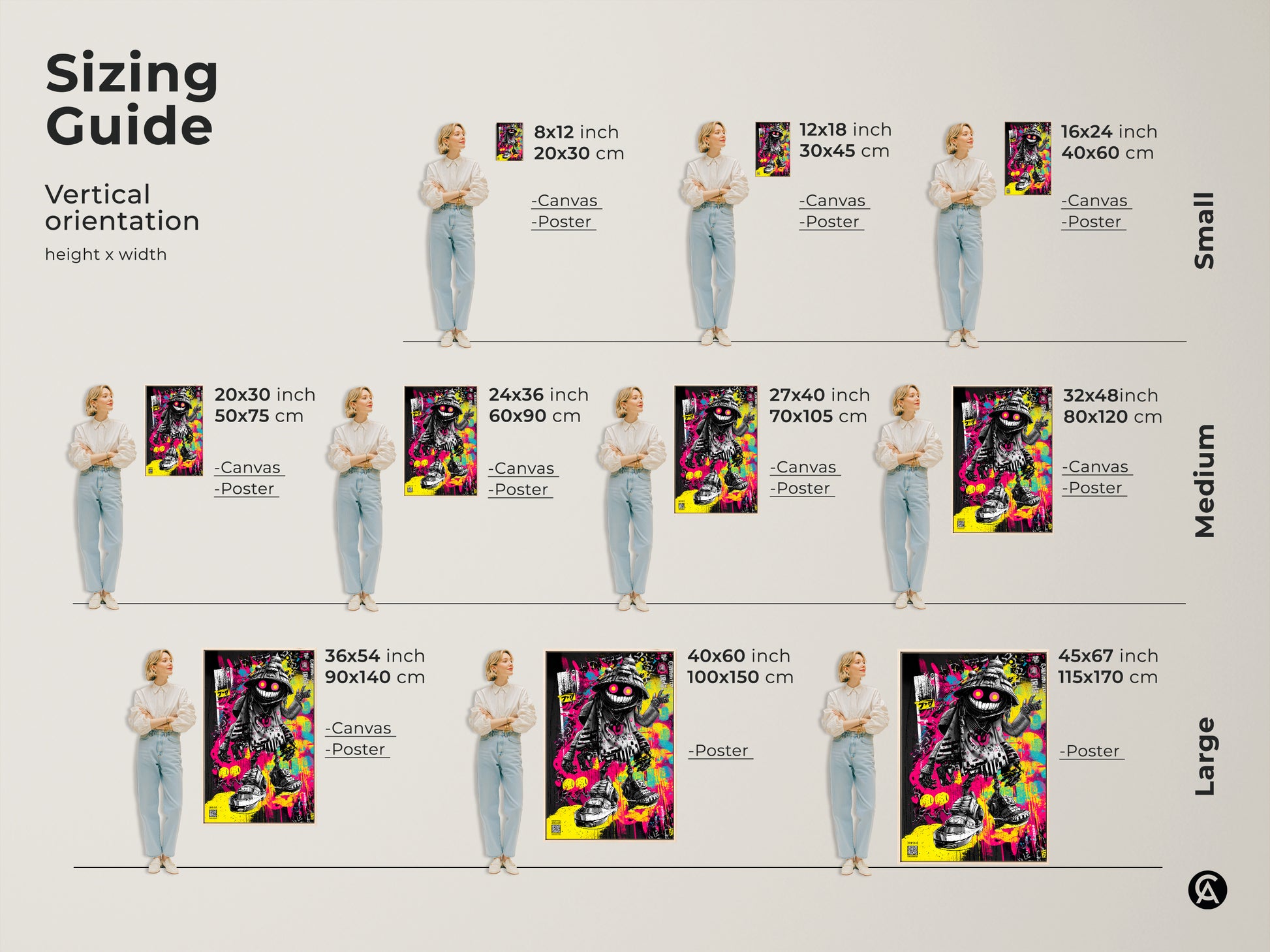 Sizing guide for graffiti art prints. Choose from small medium and large vertical orientations. Find the perfect size for your space. Available as canvas or poster prints. Discover how this artwork can transform your home decor.