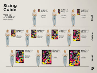 Sizing guide for graffiti art prints. Choose from small medium and large vertical orientations. Find the perfect size for your space. Available as canvas or poster prints. Discover how this artwork can transform your home decor.